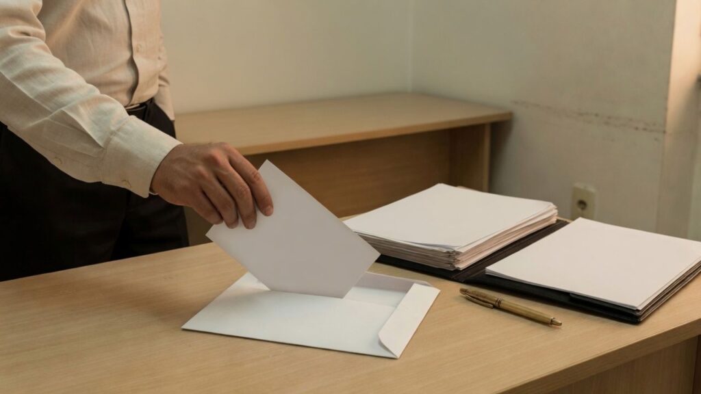 Empresário coloca uma carta de cobrança no envelope, com documentos e caneta sobre a mesa, na notificação de um cliente inadimplente