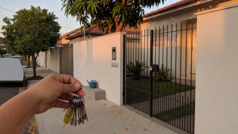 Mão segura o molho de chaves diante do portão de uma casa, imóvel de herança cuja venda depende de alvará judicial