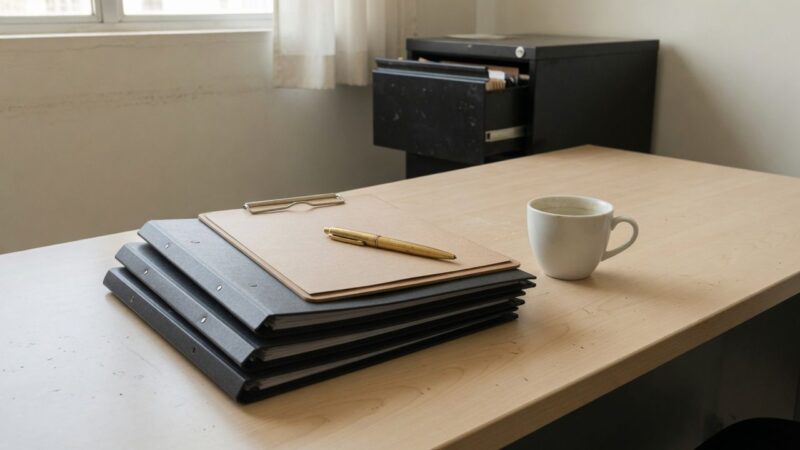 Pastas de documentos do RH empilhadas na mesa ao lado de uma xícara de café e de um arquivo de aço aberto, na revisão do passivo trabalhista