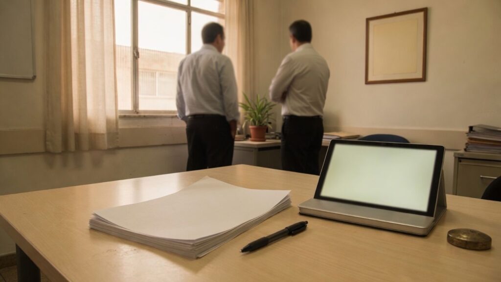 Contrato impresso e tablet sobre a mesa enquanto dois profissionais conversam junto à janela do escritório, na contratação de um prestador PJ