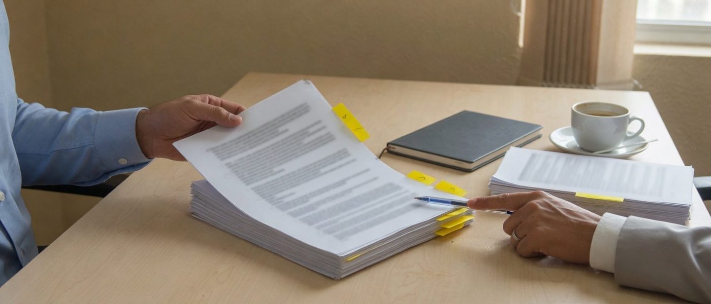 Empresário e advogado de terno cinza revisam um contrato empresarial de várias páginas antes da assinatura