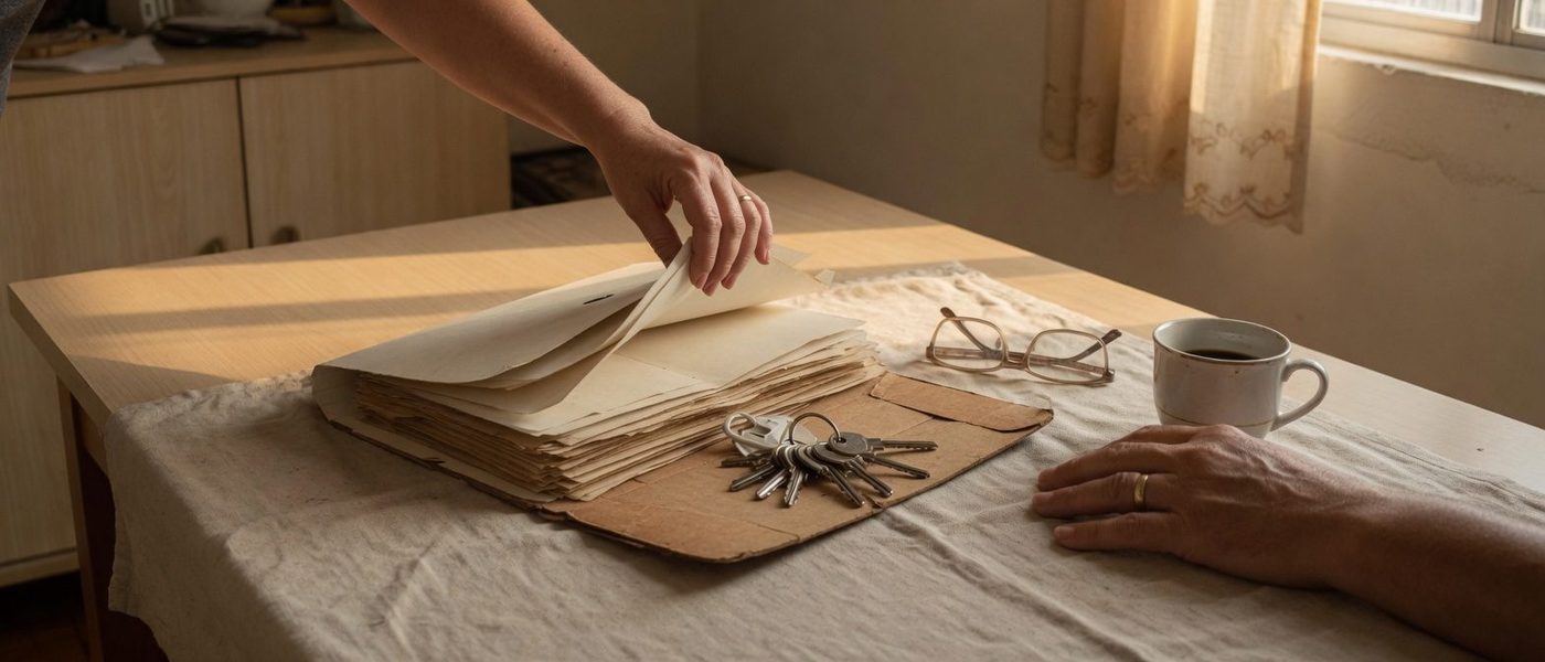 Casal organiza em casa a pasta de documentos da família, com as chaves do imóvel e óculos de leitura sobre a mesa