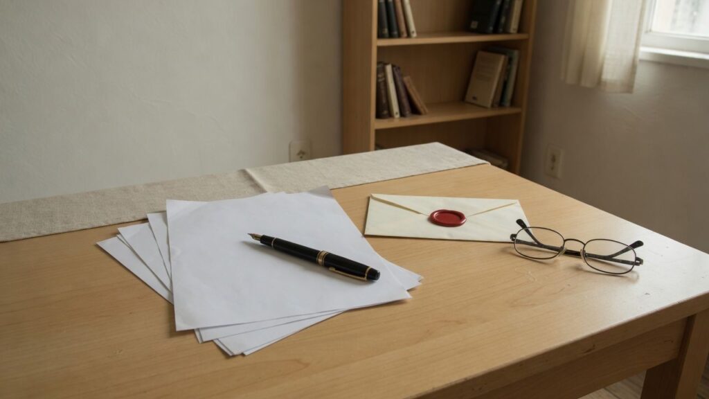 Folhas em branco, caneta-tinteiro, envelope lacrado com cera vermelha e óculos sobre a mesa, no preparo de um testamento