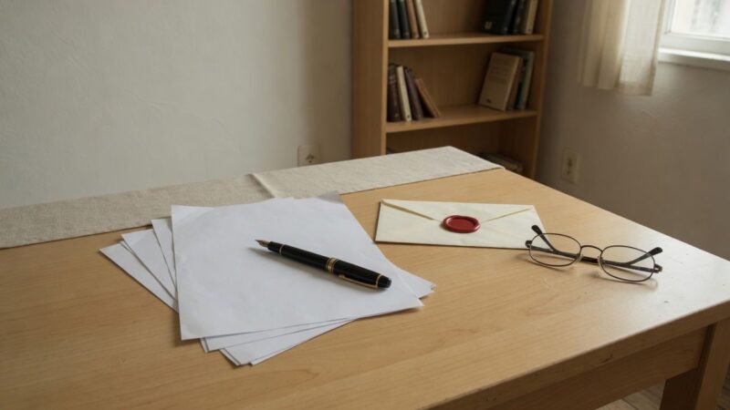 Folhas em branco, caneta-tinteiro, envelope lacrado com cera vermelha e óculos sobre a mesa, no preparo de um testamento
